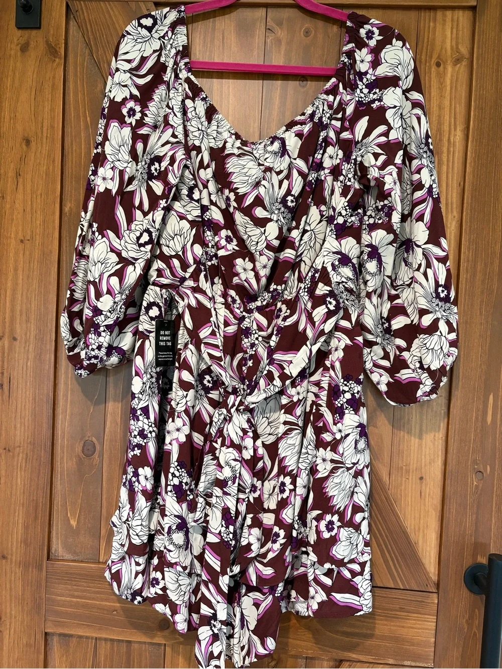 Express Burgundy and White Floral Romper with Puff Sleeves